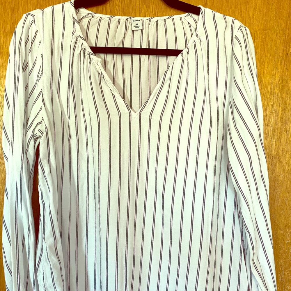 Old Navy ¾ sleeve white blouse, navy stripes